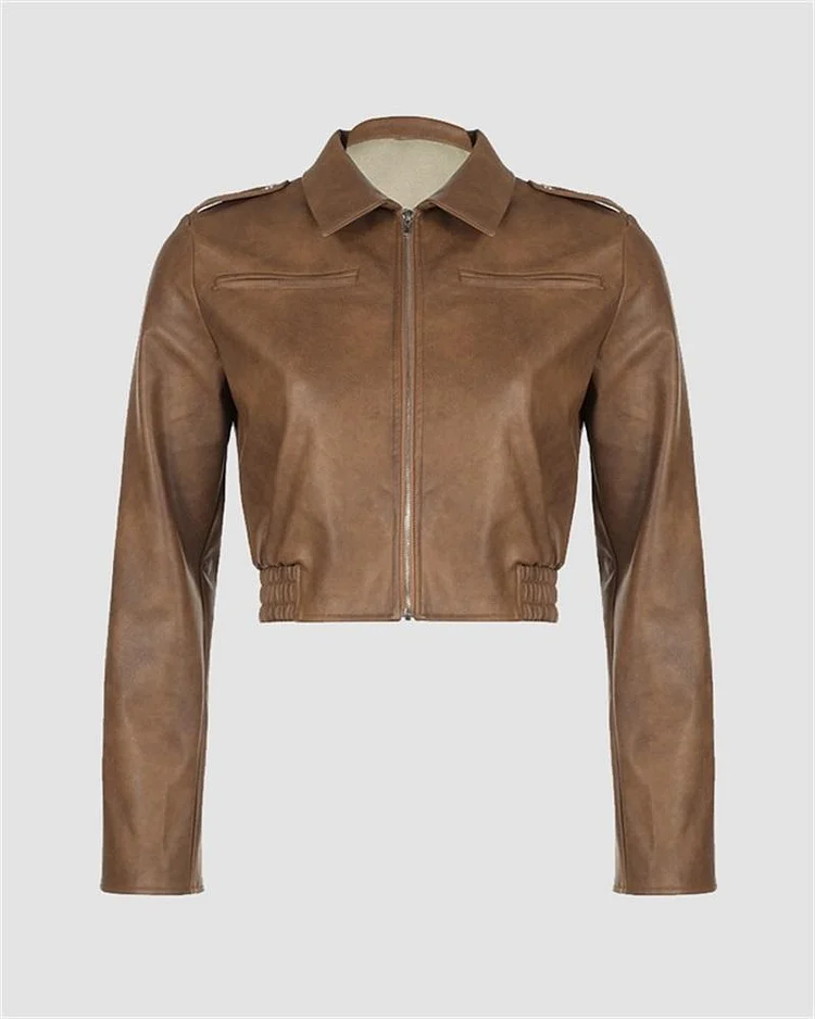 PU Leather Zipper Cropped Jacket