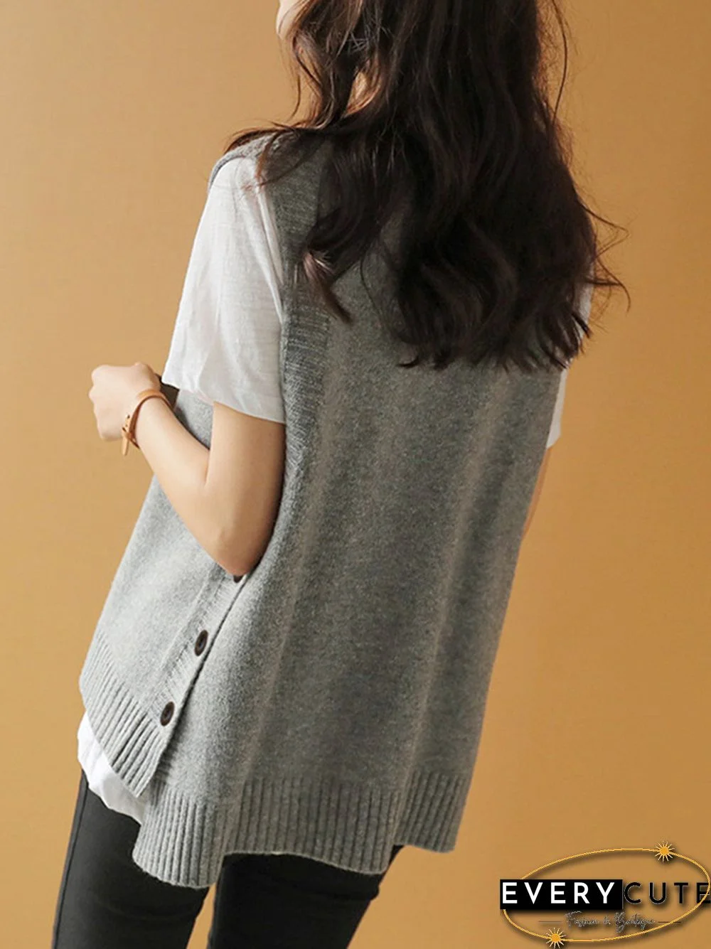 Simple Sleeveless Loose Buttoned Solid Color Round-Neck Sweater Vest Outerwear