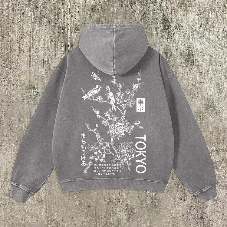 Vintage Tokyo Art Graphic Acid Wash Hoodie
