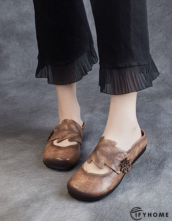 Handmade Retro Leather Leaf Flat Slippers Flat Shoes | IFYHOME