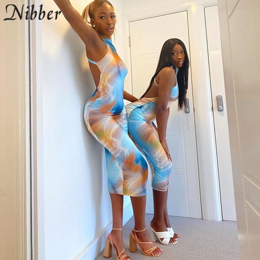 Nibber Elegant Gradient Backless Midi Dress For Women Sleevelss Off Shoulder Hollow Shaped Waist Sexy Partywear Dresses Female