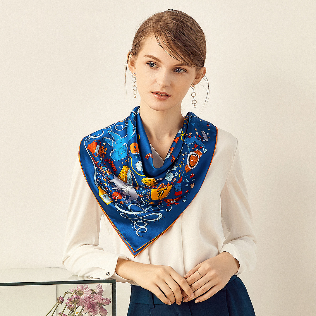Blue Silk Scarf Crepe Satin Silk Retro Scarf 