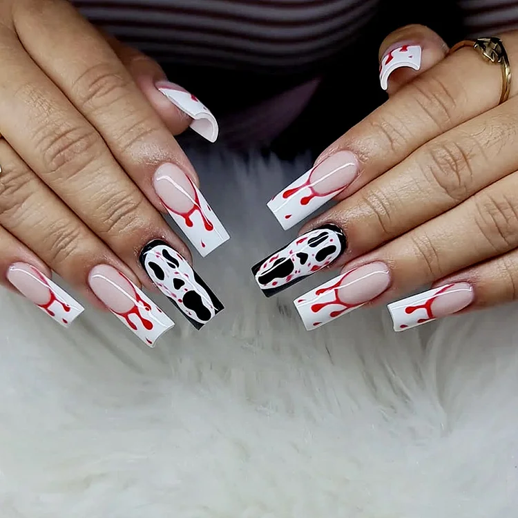 Halloween Patchwork Skull Square Long False Nails