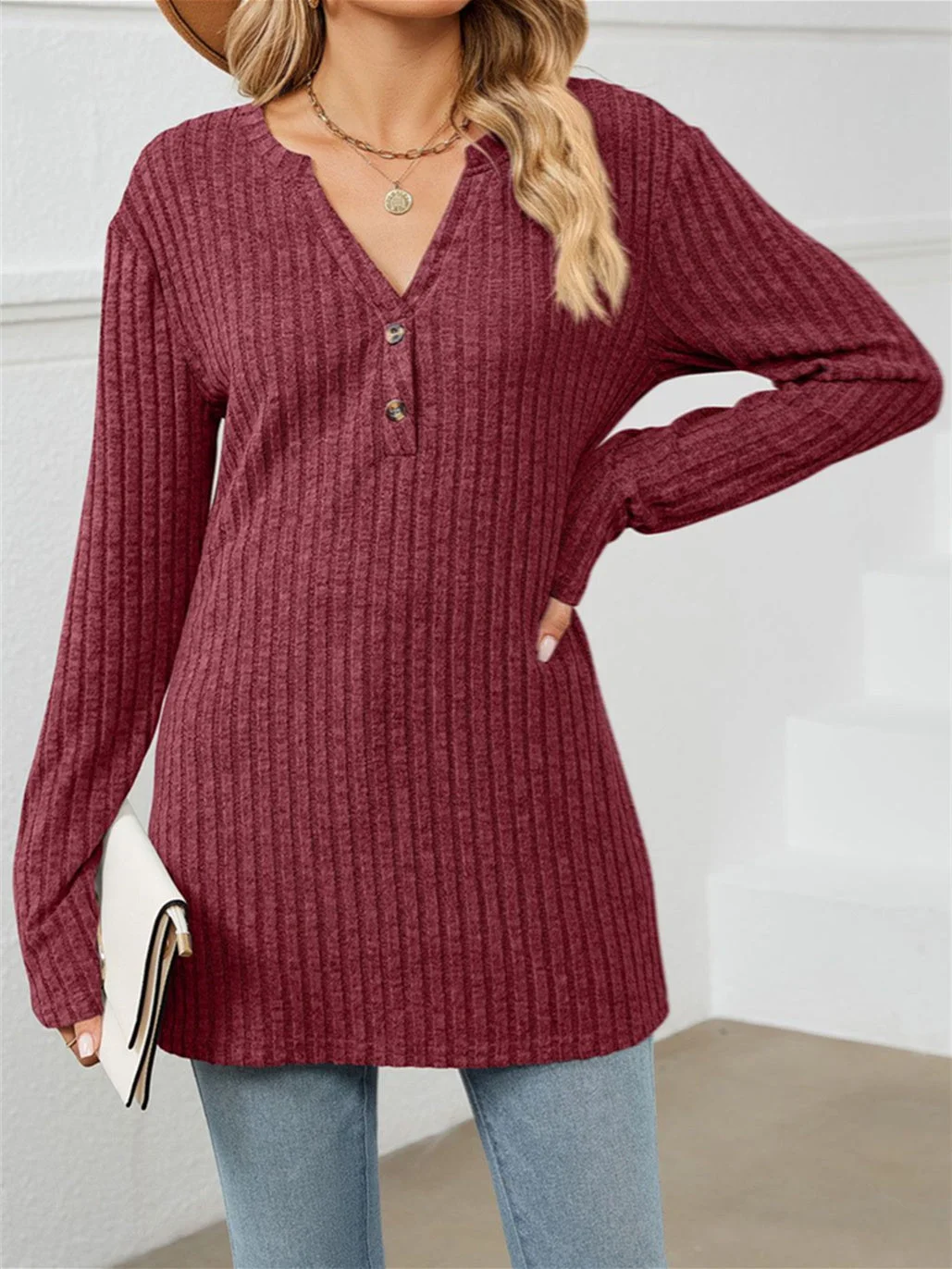 Women's Button Stitching Solid Color Stitching V-neck Long Sleeve Top