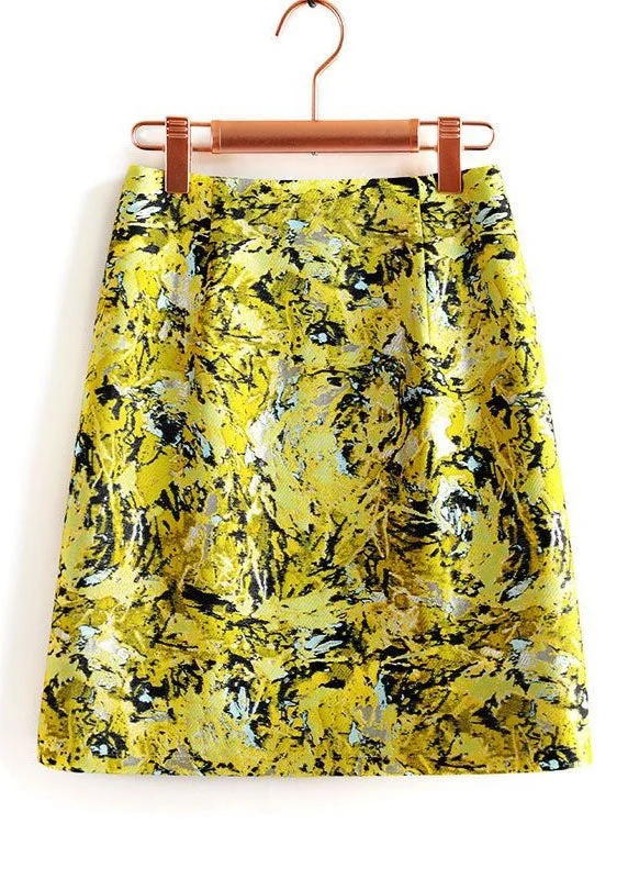 Style Yellow Zip Up Jacquard High Waist Cotton Skirts Summer