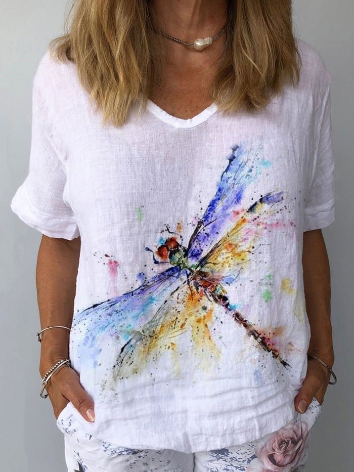 Women's Dragonfly Printed Casual Cotton Linen T-shirt