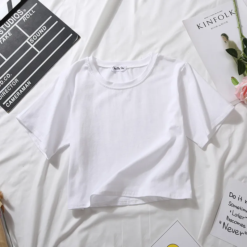 Churchf Churchf Top White Short T-Shirt Female Summer Short Sleeve Korean Version Pure Color Students High Waist Leakage Navel Loose Versatile