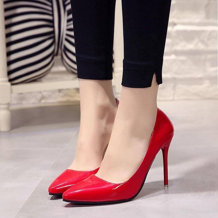 Plus Size 34-44 Hot Women Shoes Pointed Toe Pumps Patent Leather Dress High Heels Boat Wedding Zapatos Mujer Blue Wine Red