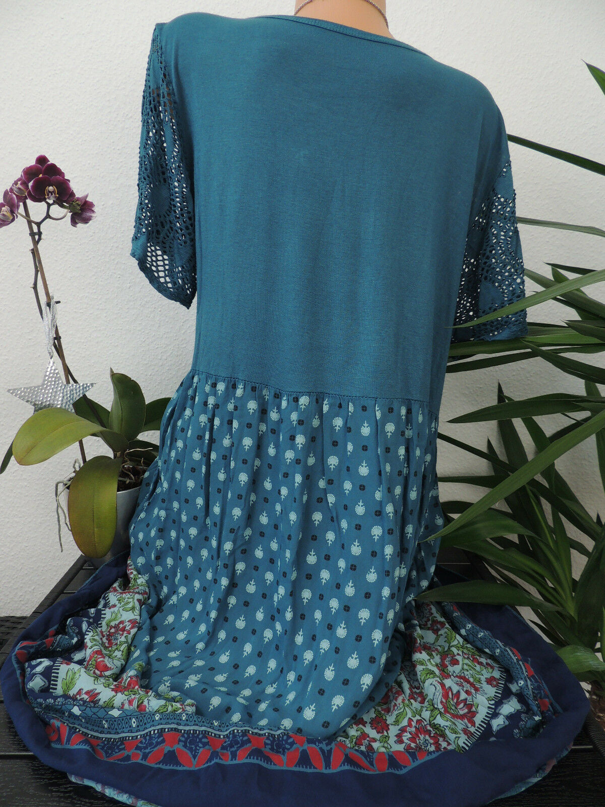 Women Short Sleeve Scoop Neck Floral Printed Lace Stitching Tops