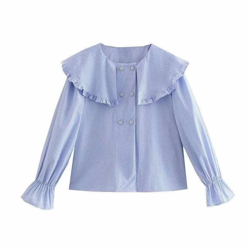 Za 2022 Checked Jewel Button Shirt Women Puff Sleeve Ruffle Blue Blouse Female Chic Button Up Casual Summer Blouses Plaid Tops