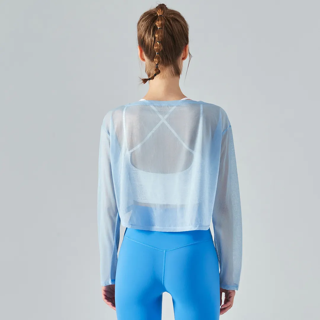 Buy Hergymclothing Sky Blue moth yarn antistatic yoga smock see through gym t-shirt online