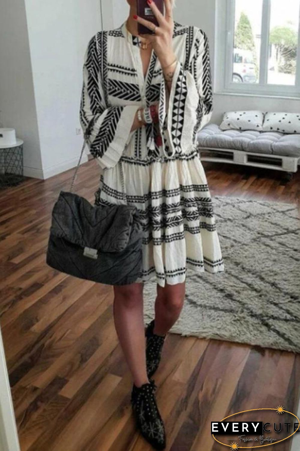 Geometric Printed V-neck Loose Mini Dress (3 Colors) P12103