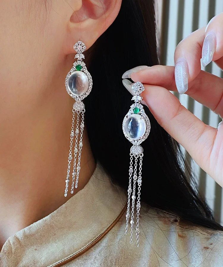 Modern Silk Sterling Silver Overgild Zircon Jade Tassel Drop Earrings