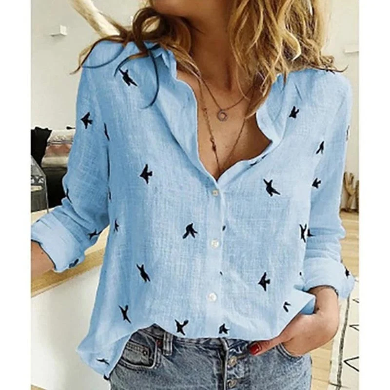 Casual Long Sleeve Loose Shirts Women Cotton Linen Birds Print Blouses LadiesTops Vintage Streetwear 5XL Female Tunic