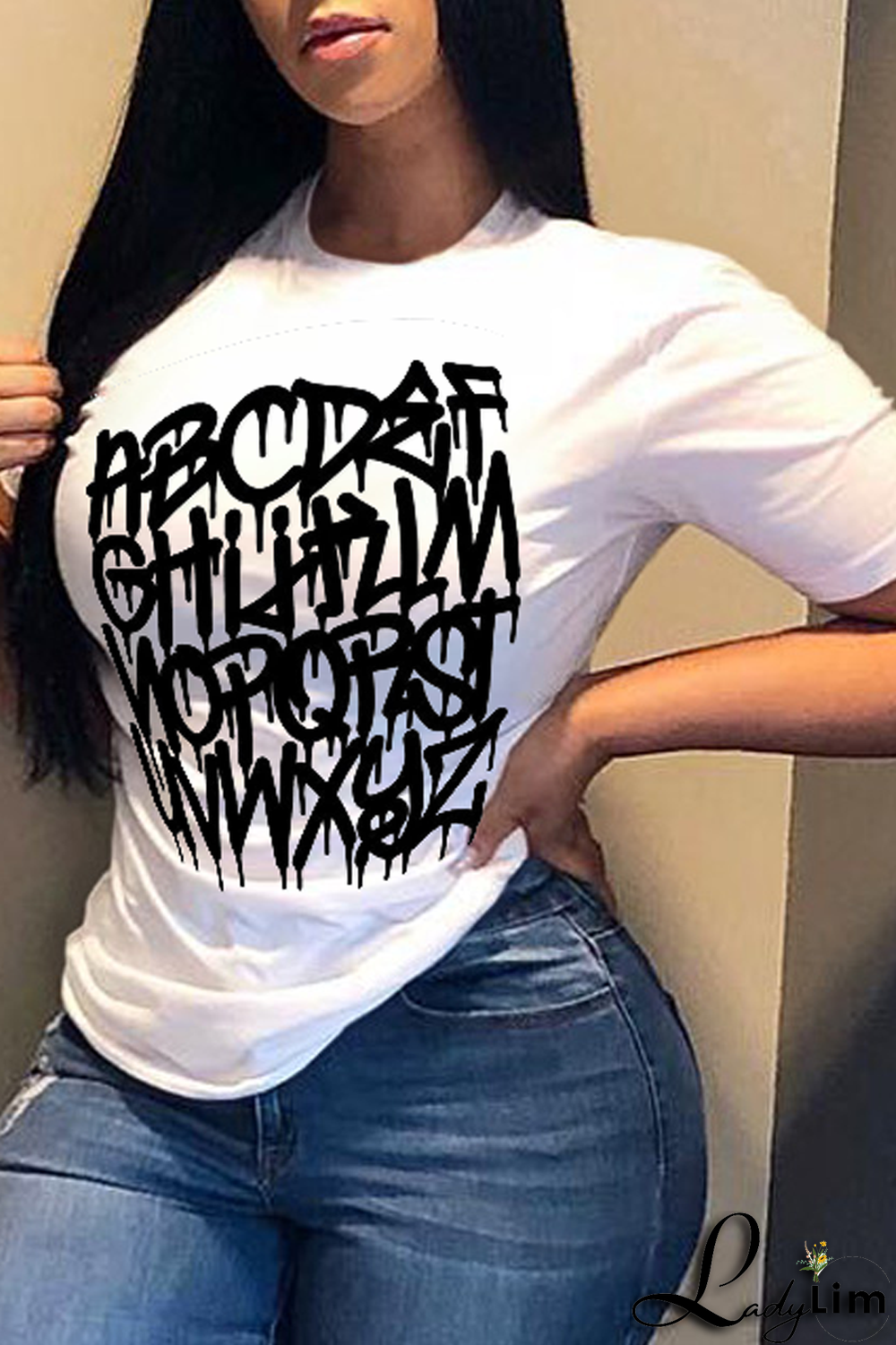 Navy Blue Fashion Street Print Split Joint Letter O Neck T-Shirts