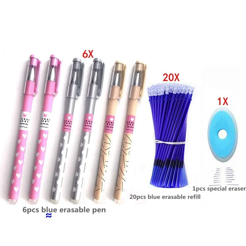 27pcs/Set Kawaii Erasable Gel Pen Cute Cherry blossoms Pens Refills Rod Blue Black Ink For School Writes Erases Stationery