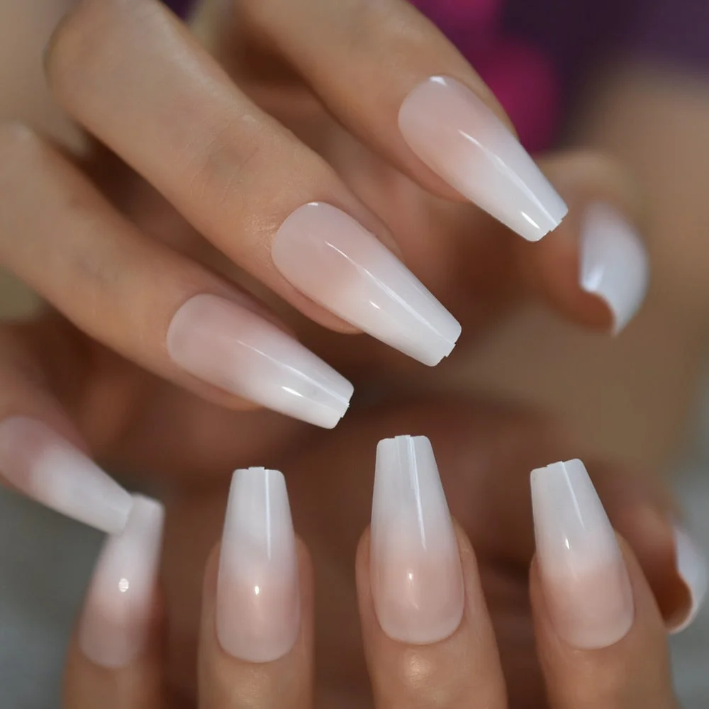 Long Ombre French Ballerina Fake Nail Nude Color White Faux Ongles Gradeint Natural Coffin False Nails 24pcs