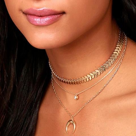 Simple Metal Pearl Crescent Multi-layer Pendant Necklace
