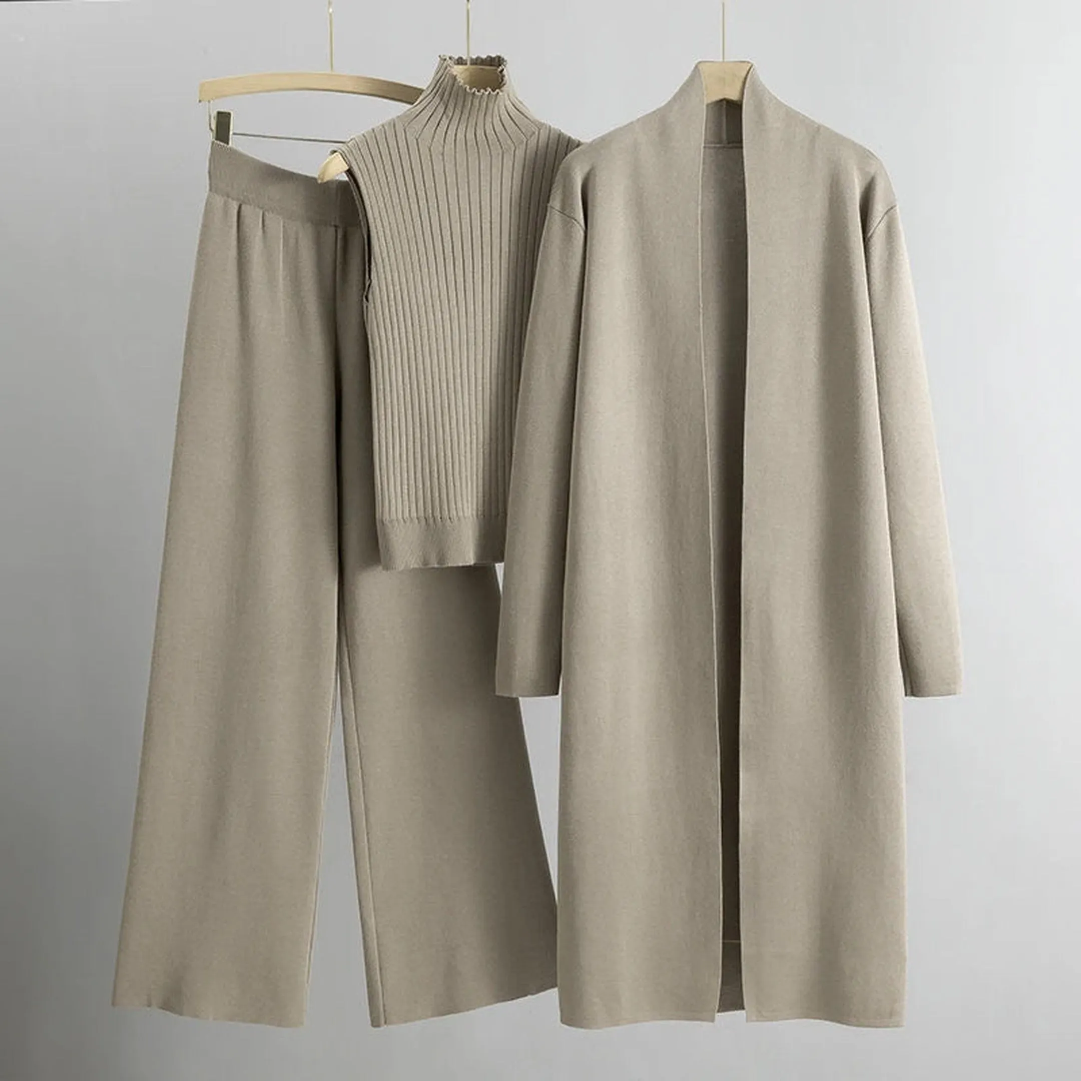 Women's Three-Piece Knitted Co-ord &ndash; Cardigan & Wide Trousers