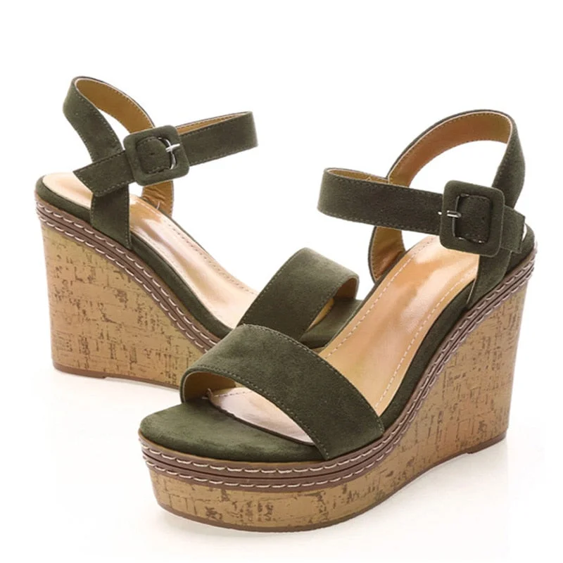 Aphixta New Sandals Women Mouth Toe Wedges Shoes For Women Line Buckle Platform Summer Wood Grain High Heel Chaussure Femme
