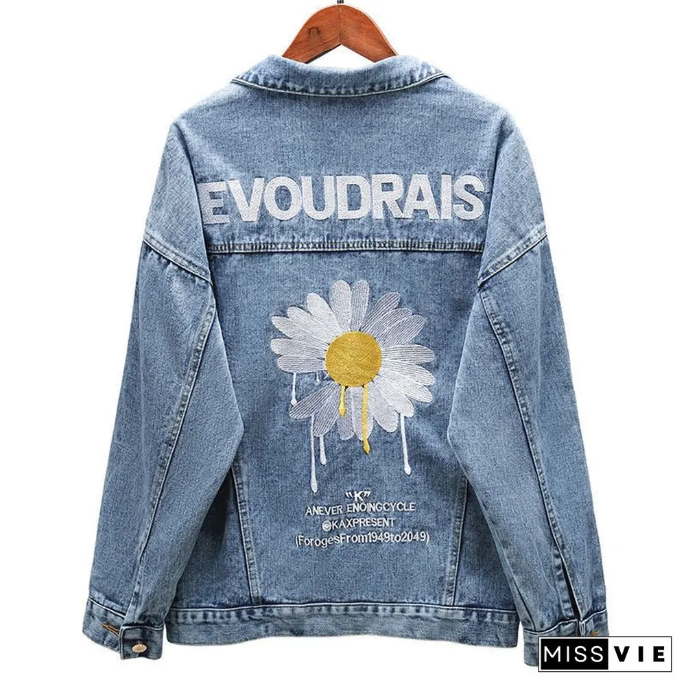 Trendy Brand Womens Jacket New Denim Female Korean Version Loose Embroidery Wild Daisy Top