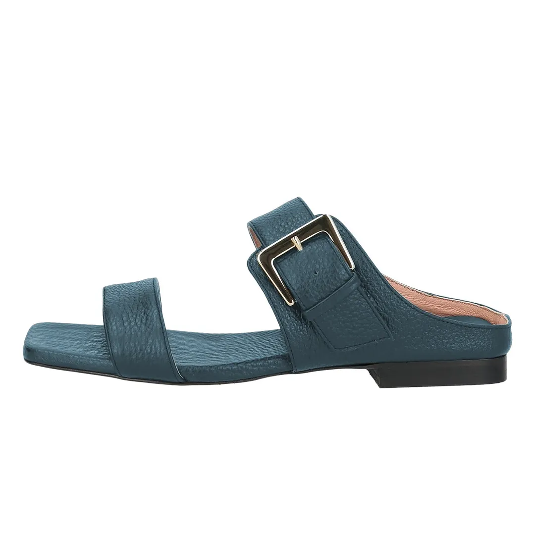 Teal Square Toe Two Straps Flat Slip On Mule Shoes for Women