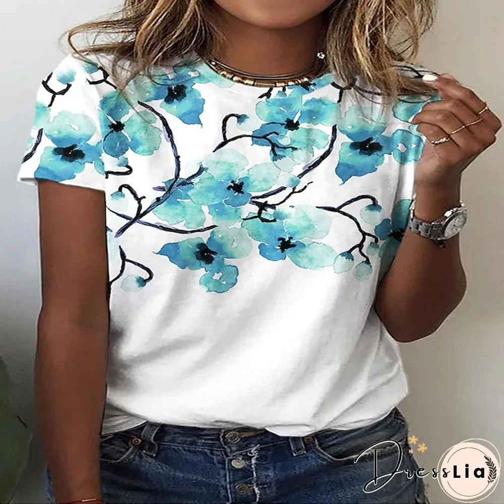 Summer New 3D Printing Ladies Casual Floral Theme Painting T-Shirt Printing Round Neck Soft Fashion Women's Clothing