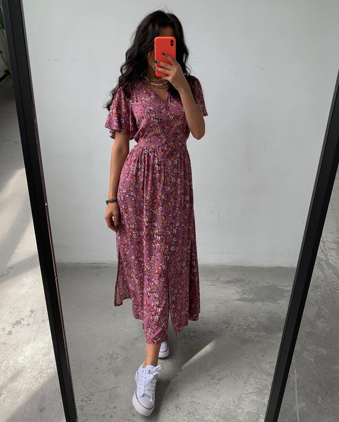 Mature Ladies Mid-Sleeve Tunic Slit Floral Dress