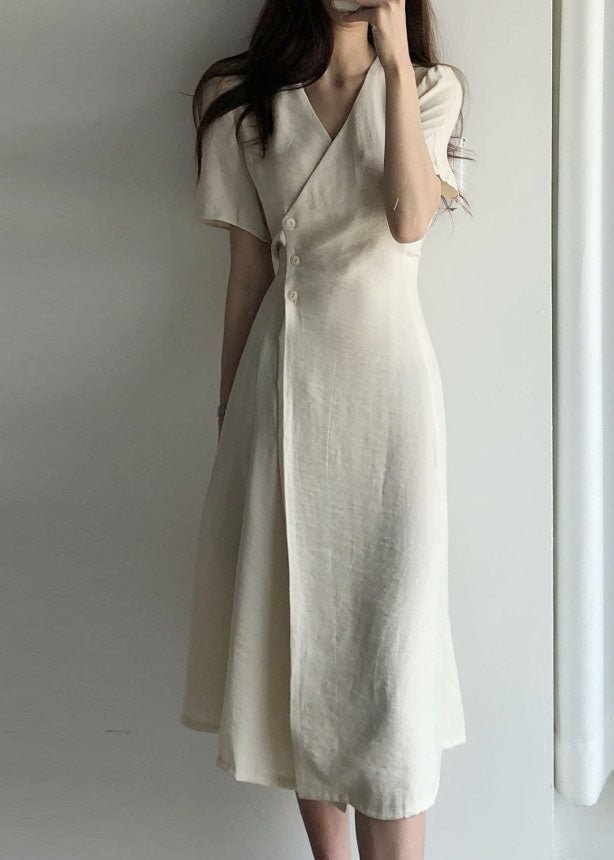 Boutique Beige V Neck fashion Cotton Long Dresses Short Sleeve CK578- Fabulory