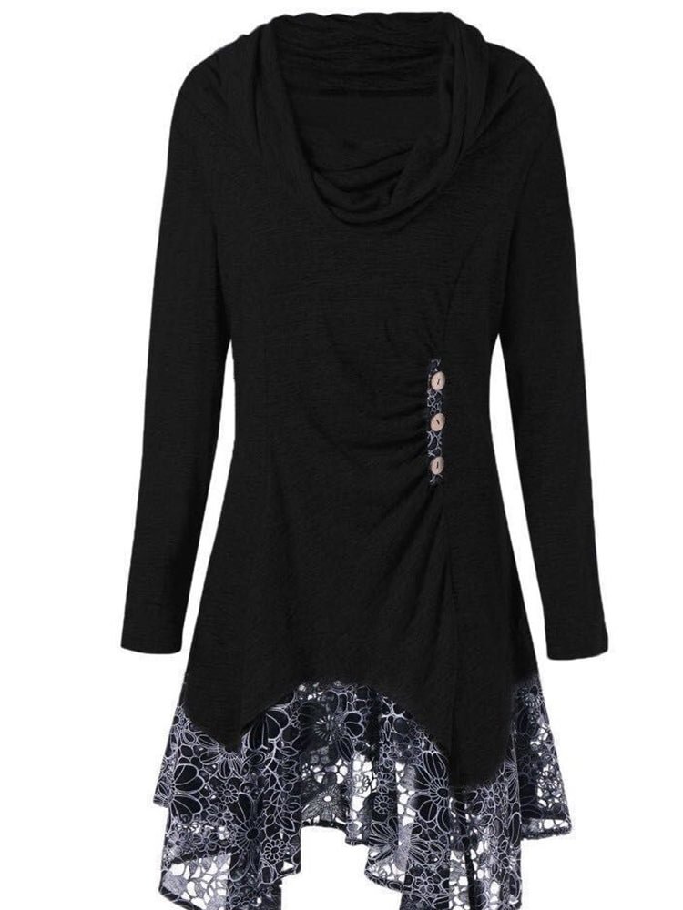 Asymmetric Long-sleeved Lace Flounced Hem  Dress