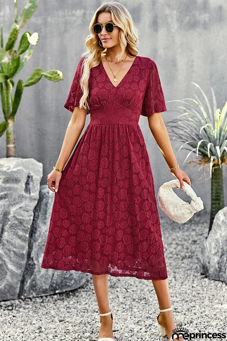 V-Neck Puff Sleeve Lace Midi Dress