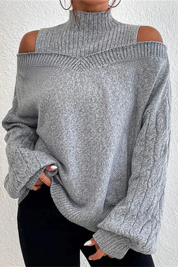 Solid Color Cold Shoulder Feminine Sweater