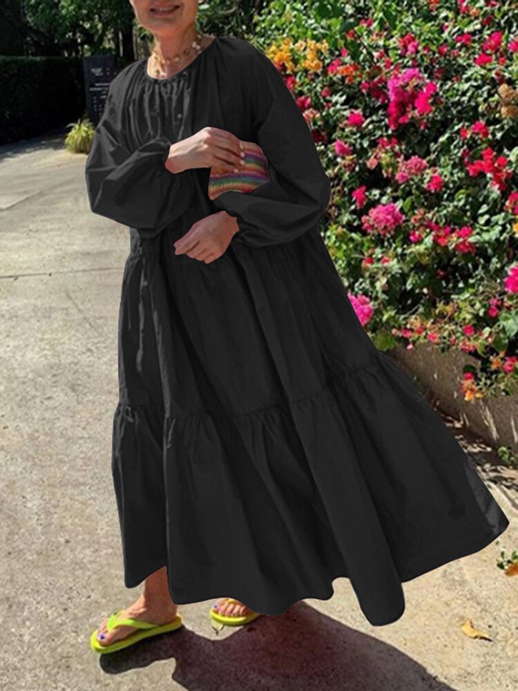 Solid Color O-neck Long Sleeve Pleated Maxi Dress - Shop Trendy Women's Fashion | TeeYours