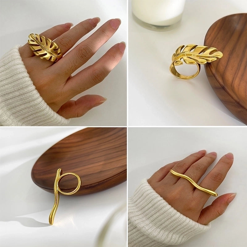 Minimalist Commute Leaves 316L Stainless Steel  18K Gold Plated Rings