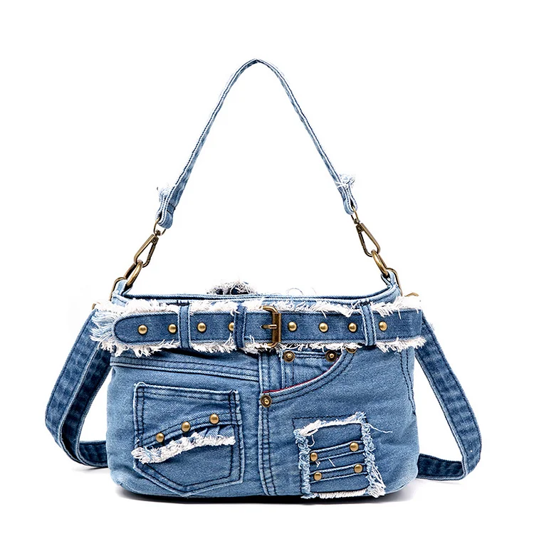 Casual Blue Denim Studded Frayed One Shoulder Bag