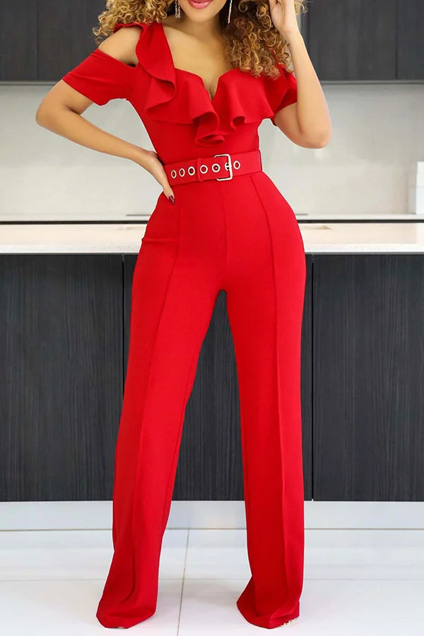 Solid Color Glamorous Ruffle Cold Shoulder Jumpsuit (With Belt)