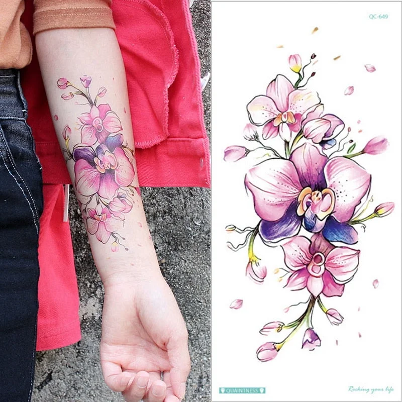 Waterproof Temporary Tattoo Sticker Rose Flowers Leave Flash Tattoos Body Art Arm Fake Sleeve Tatoo Black Women Girls Wrist