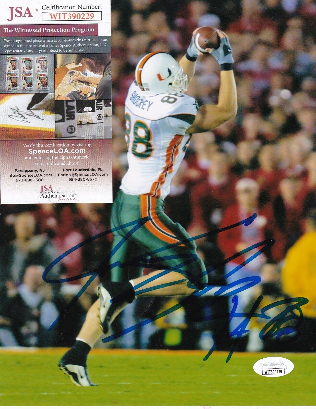 JEREMY SHOCKEY MIAMI HURRICANES JSA AUTHENTICATED ACTION SIGNED 8X10