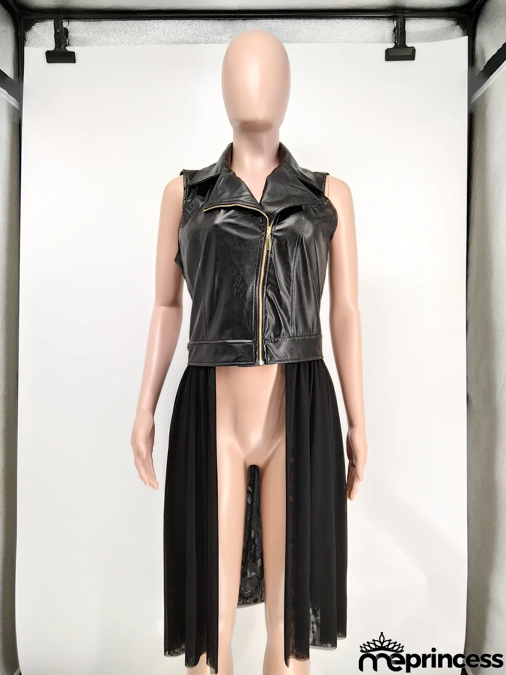 Autumn Black Leather Mesh Patchwork Sleeveless Jacket