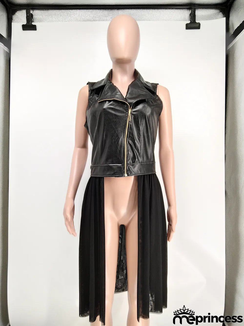 Autumn Black Leather Mesh Patchwork Sleeveless Jacket
