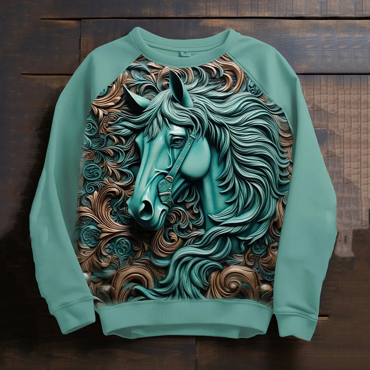Comstylish Vintage Western Horse Print Crew Neck Sweatshirt