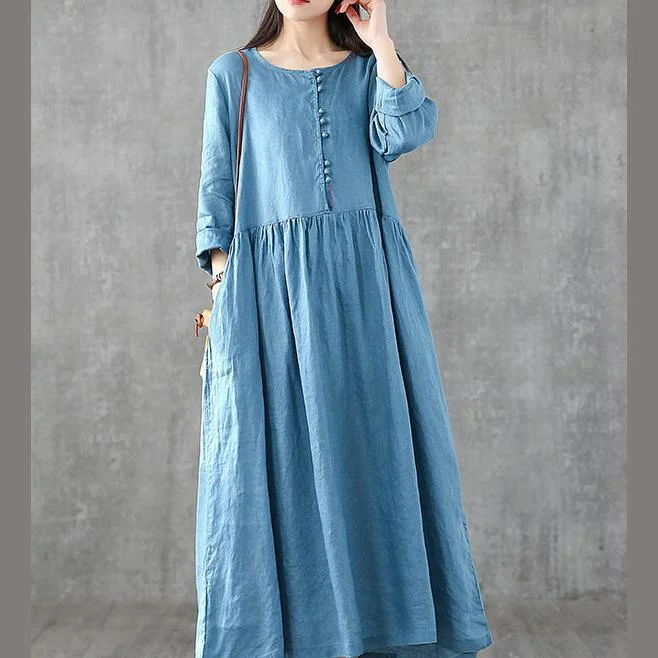 Women o neck patchwork linen dresses Shirts blue Dresses