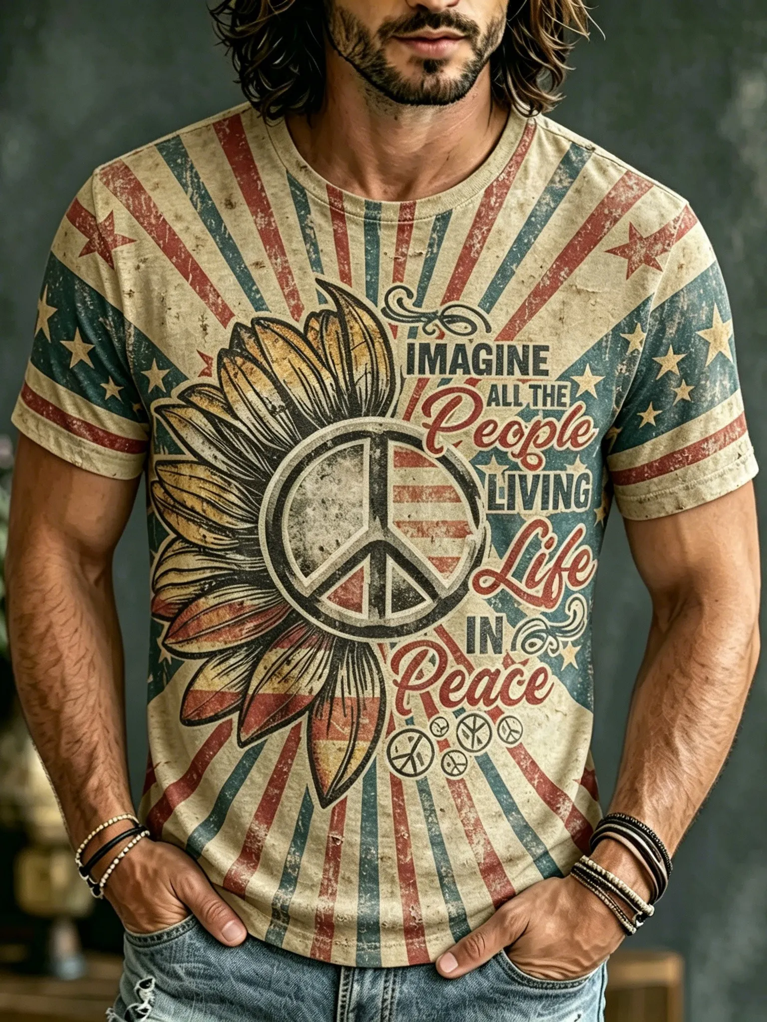 Men's Retro Hippie Style American Flag And Sunflower Print T-shirt elevenforest