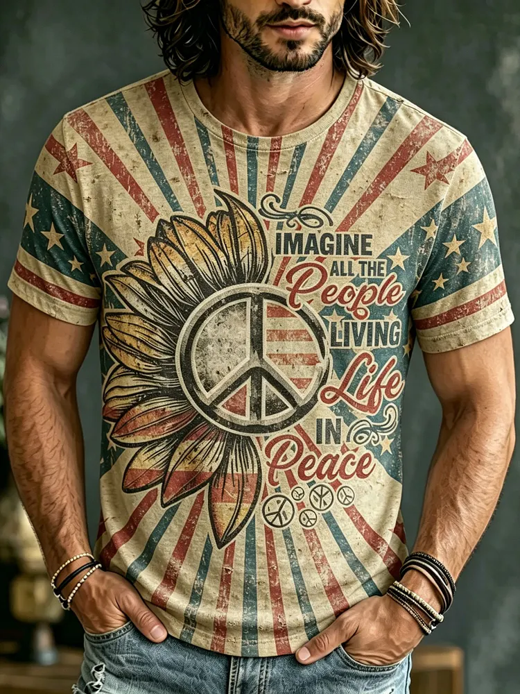 Men's Retro Hippie Style American Flag And Sunflower Print T-shirt