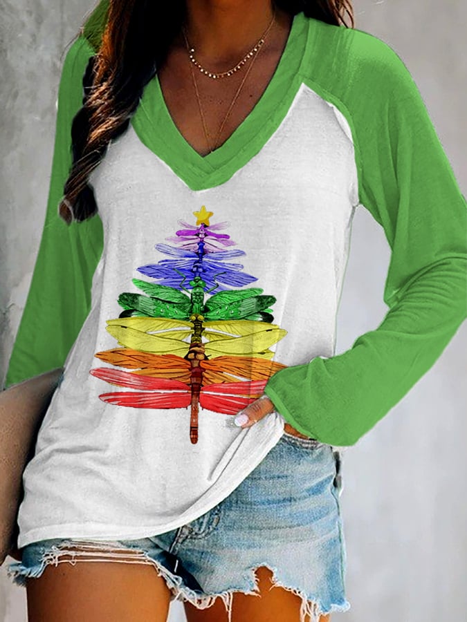 Womens Dragonfly Christmas Tree Print V Neck T Shirt 