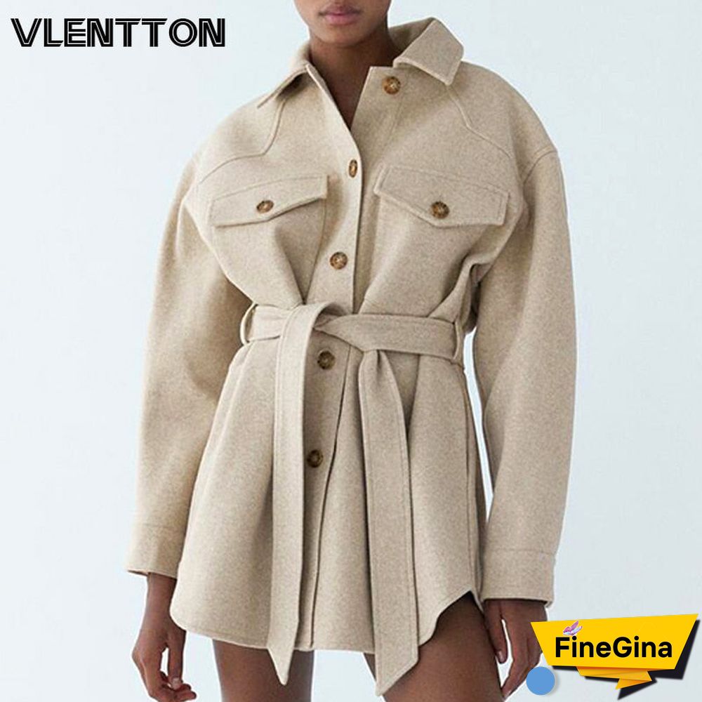 Autumn Winter Women's Vintage Woolen Coat Chic Sashes Long Sleeve Elegant Shirt Jacket Female Outwear Tops Casual Loose Overcoat