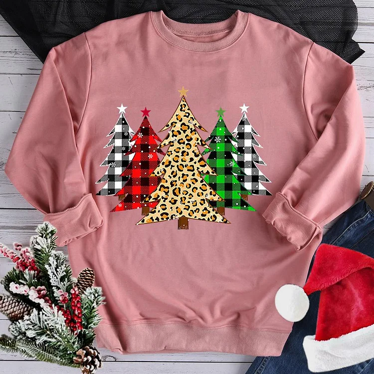 Merry Christmas Trees with Leopard & Plaid Print Sweatshirt-07825-Annaletters