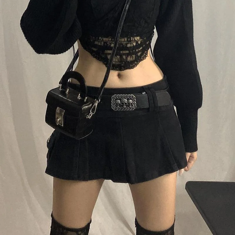 Uveng Uveng New Solid Color Personality Street Spice Girl Style Women's Denim Pleated Skirt Skirt