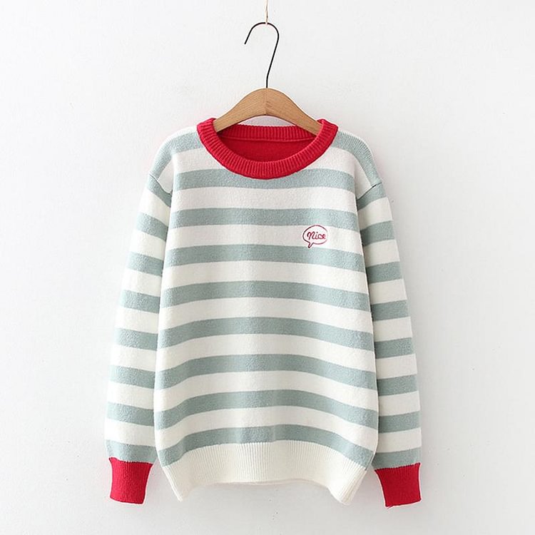 NICE Letter Embroidery Stripe Sweater - Modakawa Modakawa