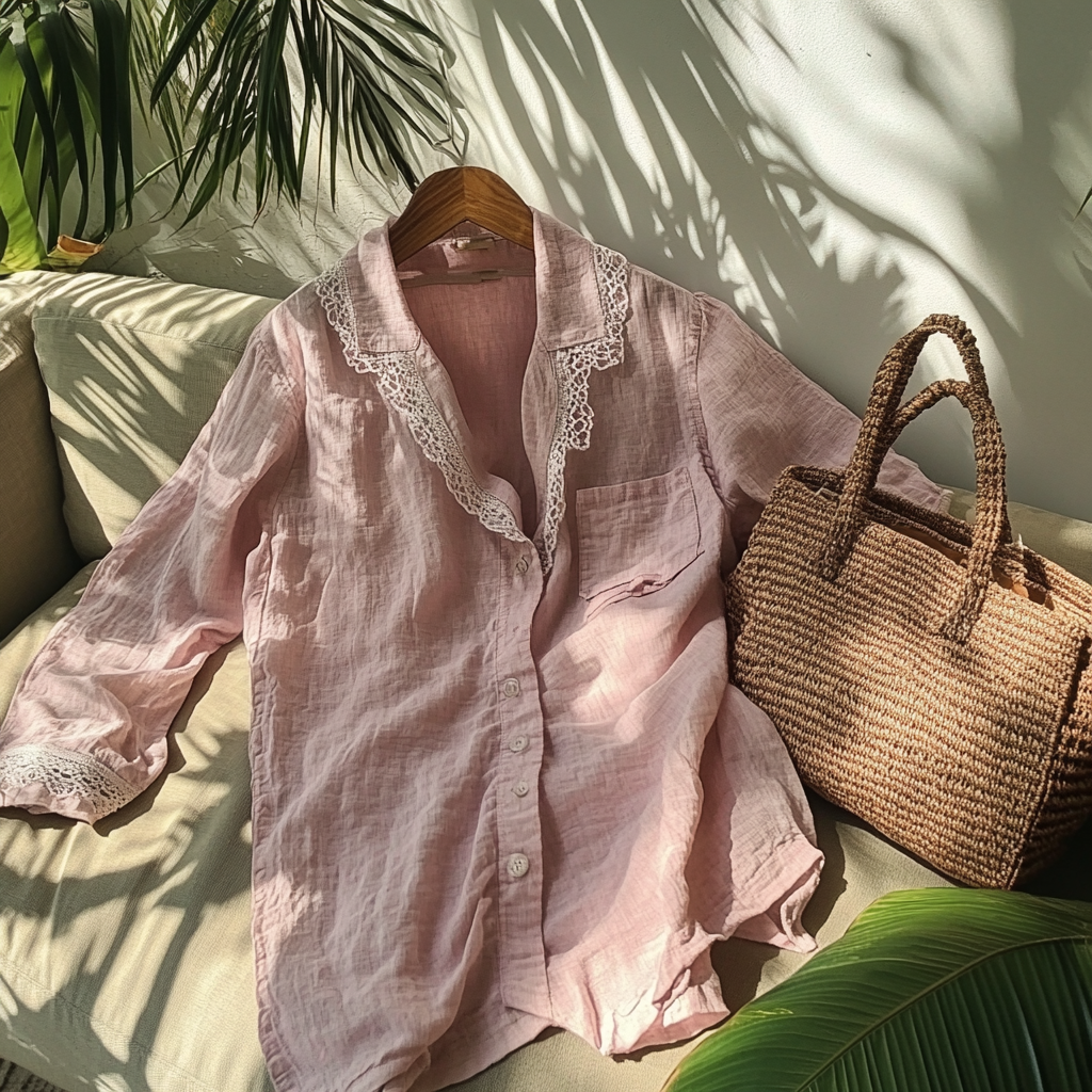  Elegant Pink Lace-Trimmed Shirt with Woven Tote Bag Set